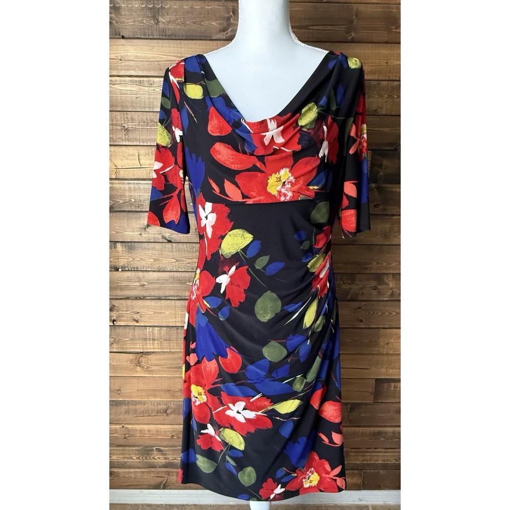 LAUREN RALPH LAUREN RED FLORAL SIDE DRAPE PULLOVER SHEATH DRESS-SIZE 12